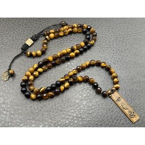 Karma and Luck Tiger's Eye Beaded Necklace Hamsa Om Evil Eye Charm Bronze 25"